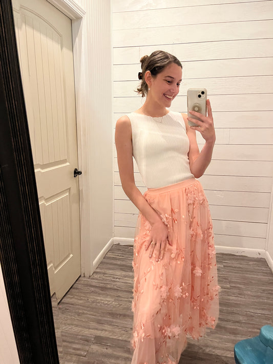 Pink Floral Embroidered Midi Skirt