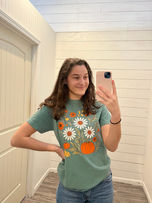 Light Green Fall Florals Pumpkin Comfort Colors Trendy Fall Tee