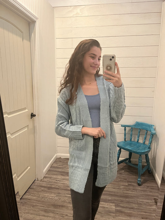 Blue Tunic Length Open Front Cardigan