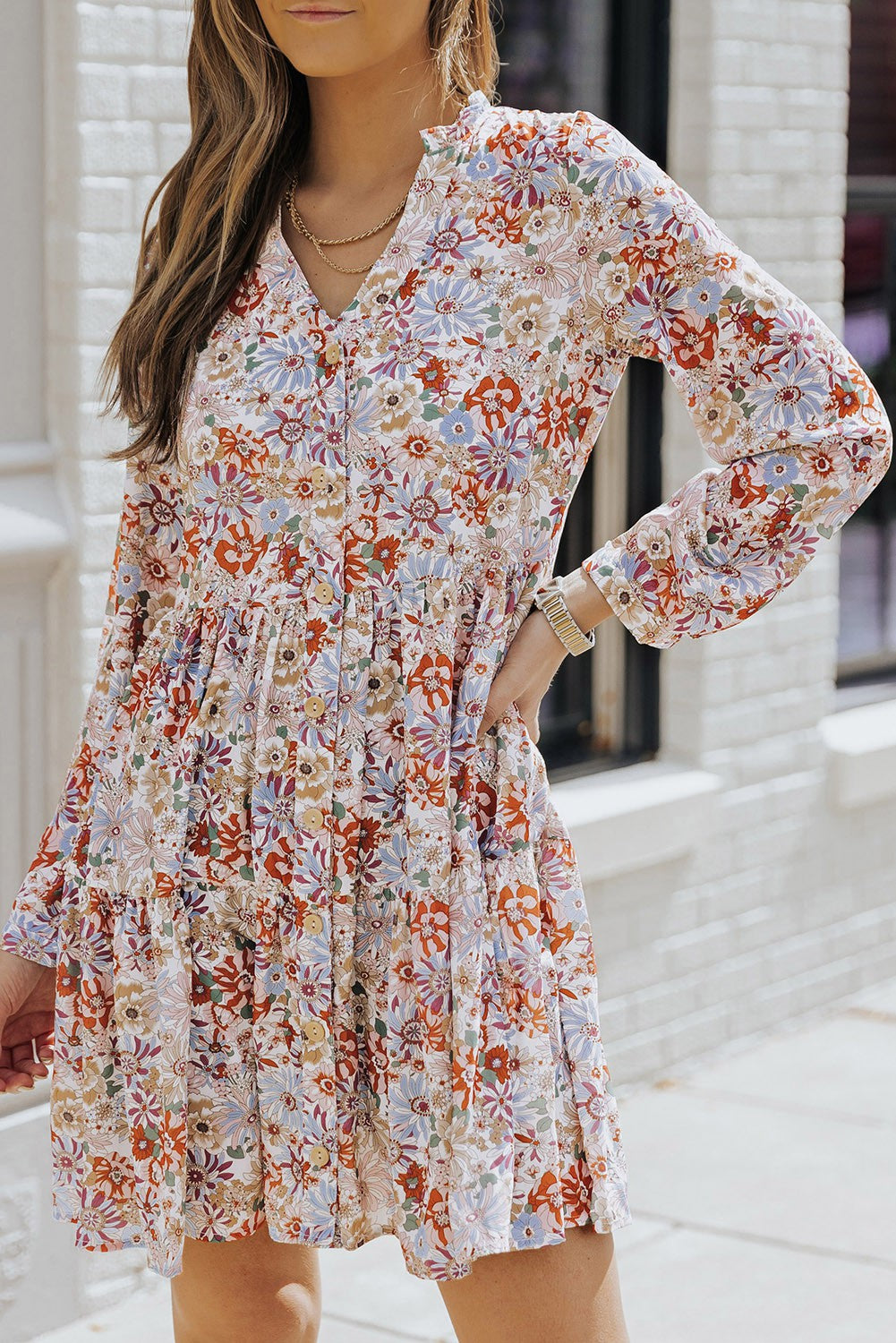 Multicolor Floral Long Sleeve Button Down Mini Dress