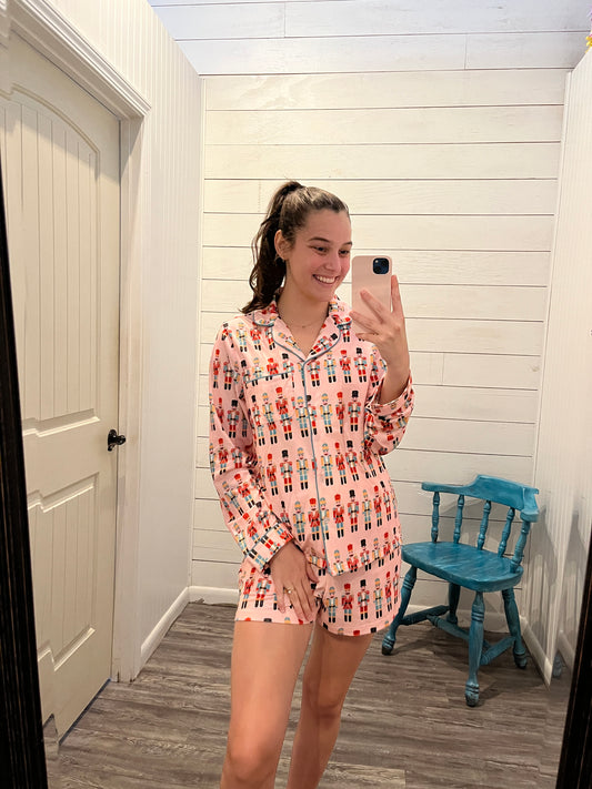 Pink Nutcracker Print Christmas Pajama Set