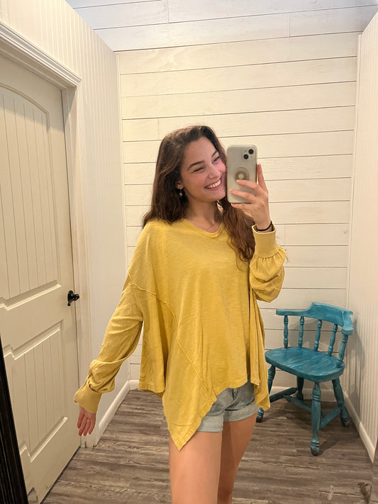 Mustard Mineral Wash V-Neck Long Sleeve Top