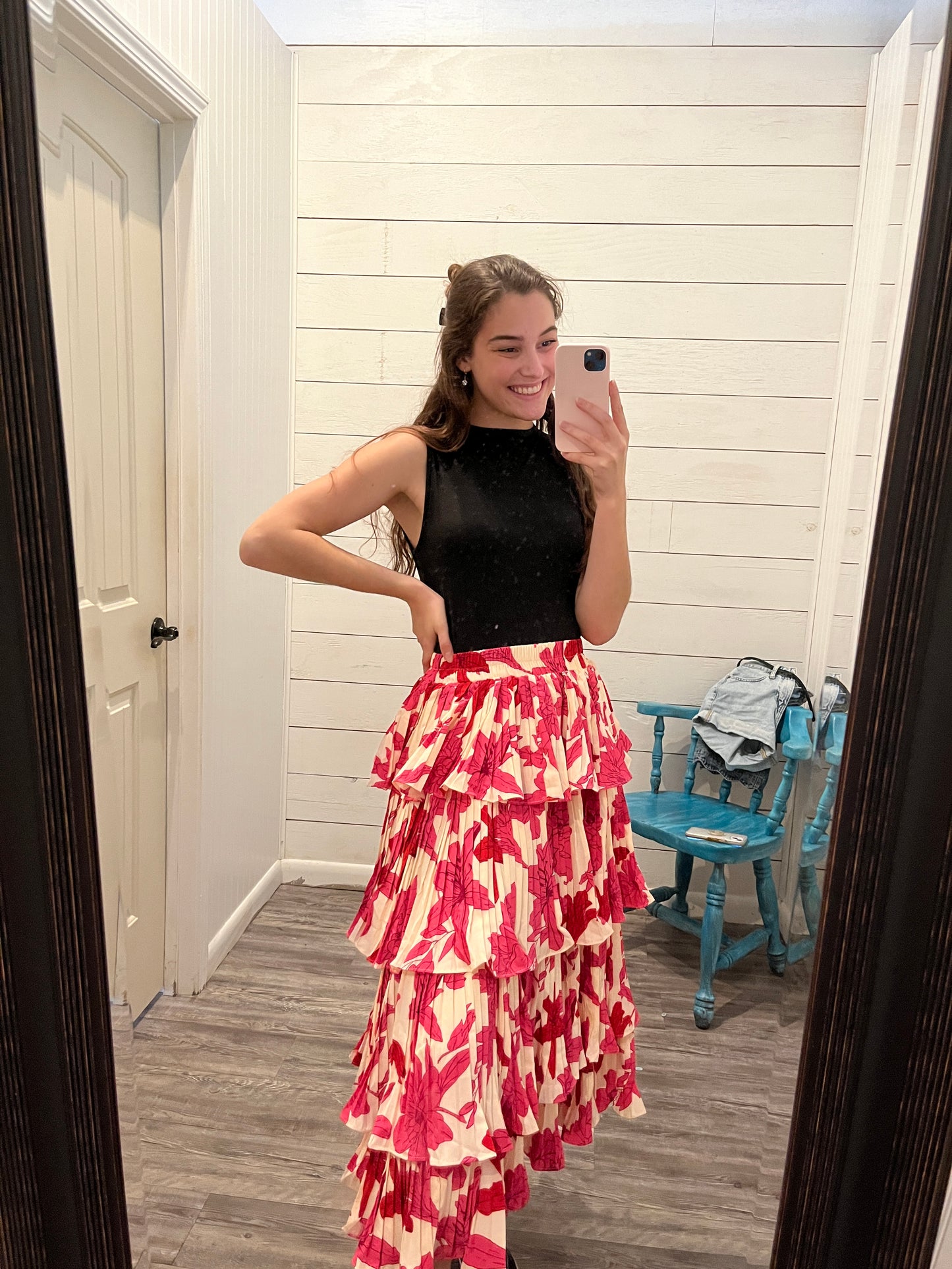 Fuchsia/Ivory Floral Pleated Tier Midi Skirt