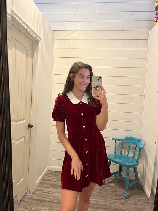 Burgundy Velvet Button Up Mini Dress w/ Peter Pan Collar