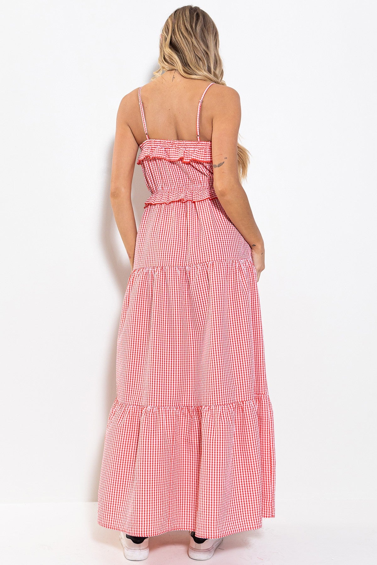 Red Gingham Tiered, Sleeveless Maxi Dress