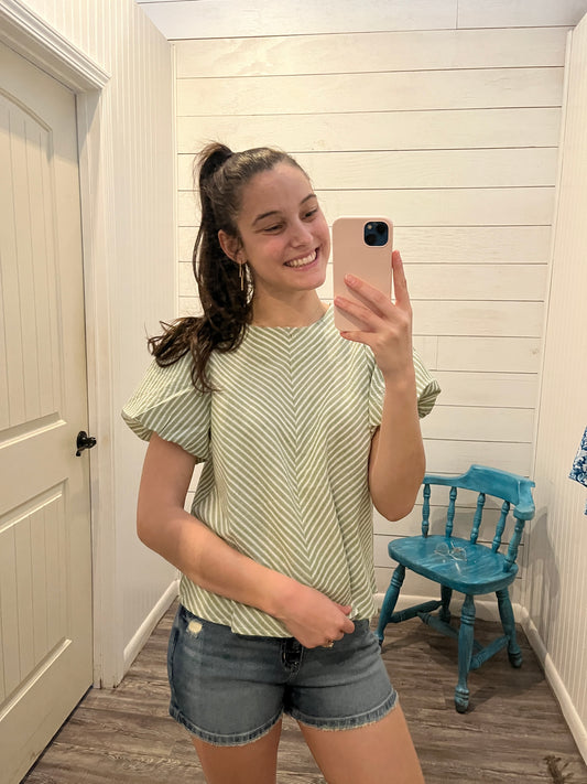 Sage Green Striped Puff Sleeve Blouse