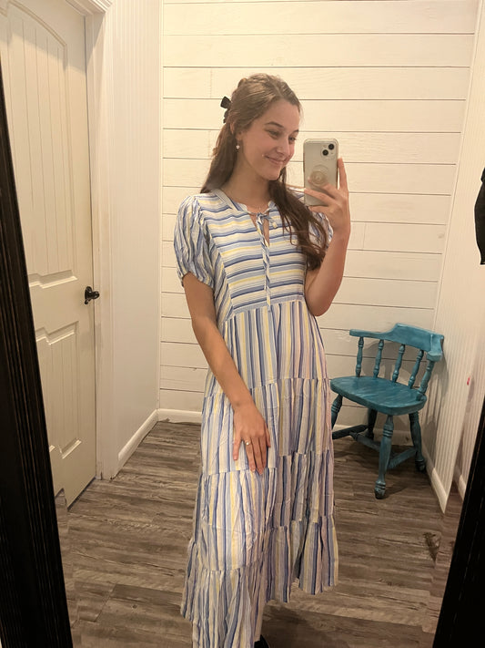 Blue Striped Puff Sleeve Midi Dress
