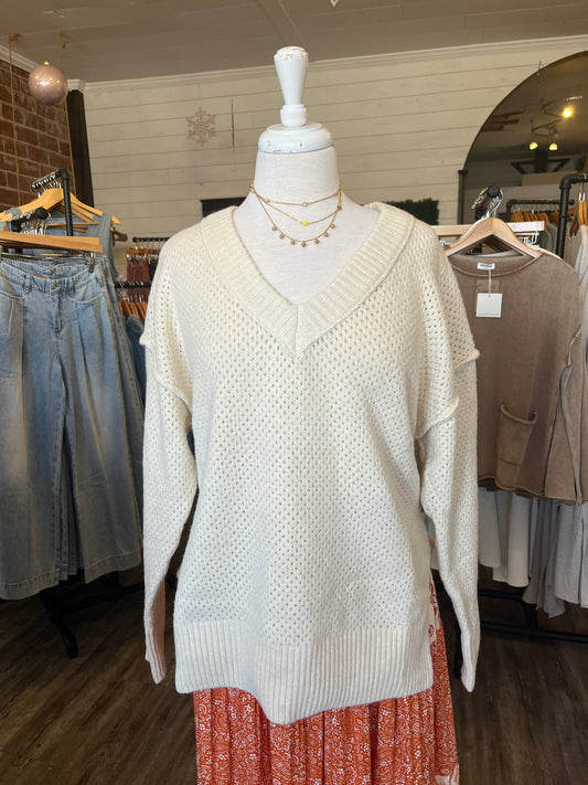 Beige Hollow Knit V-Neck Sweater