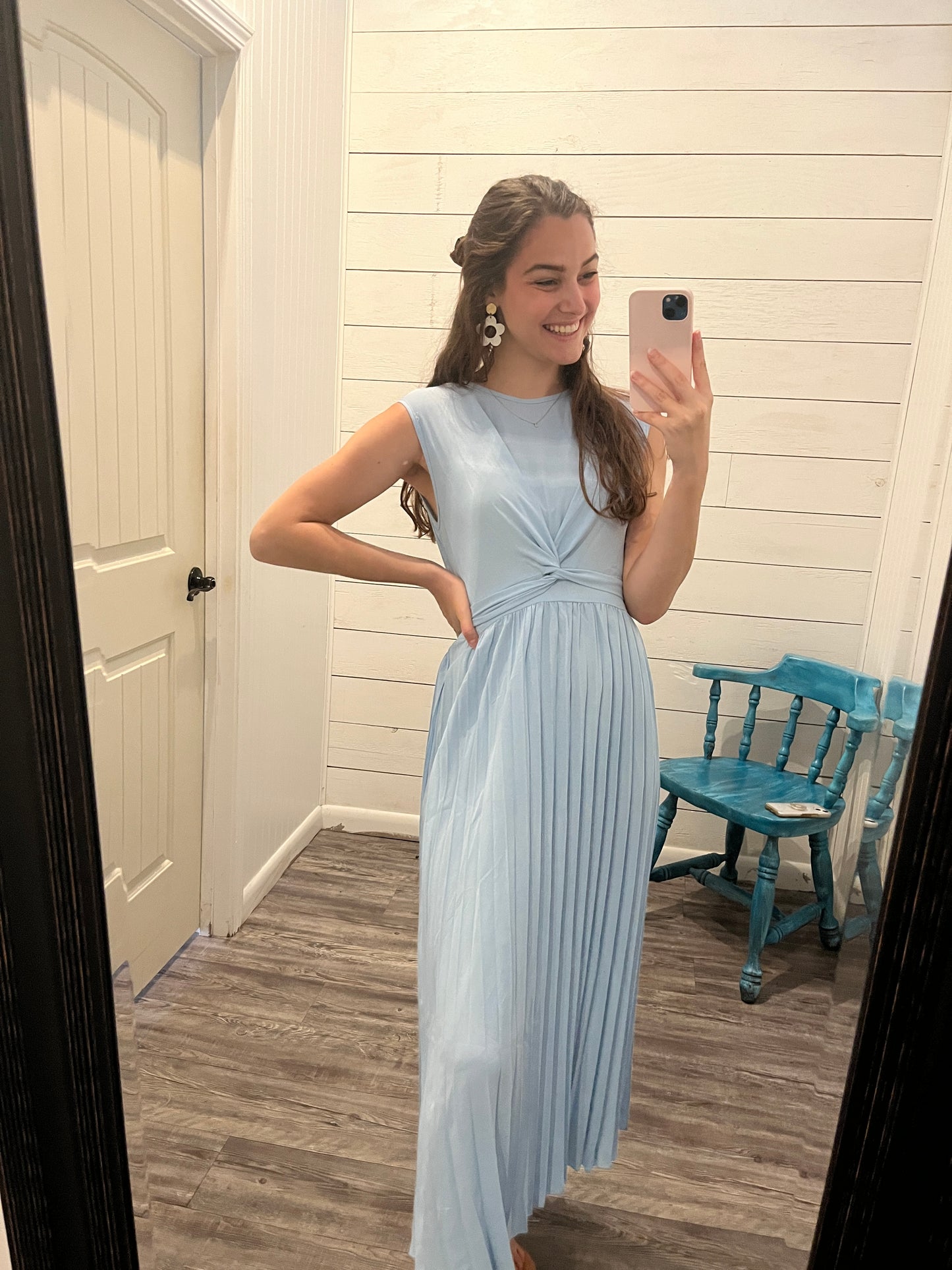 Powder Blue Boat Neck Pleated Midi Dress