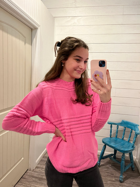 Hot Pink Cable Knit Eyelet Sweater