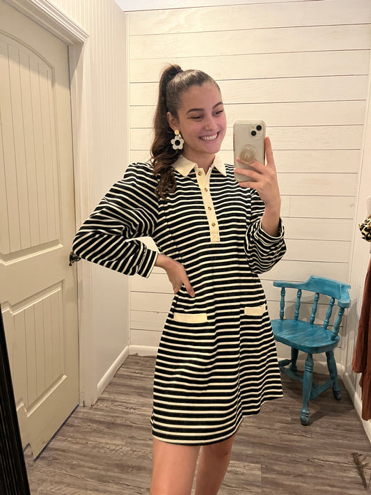 Black/Ivory Striped Long Sleeve Collared Mini Dress