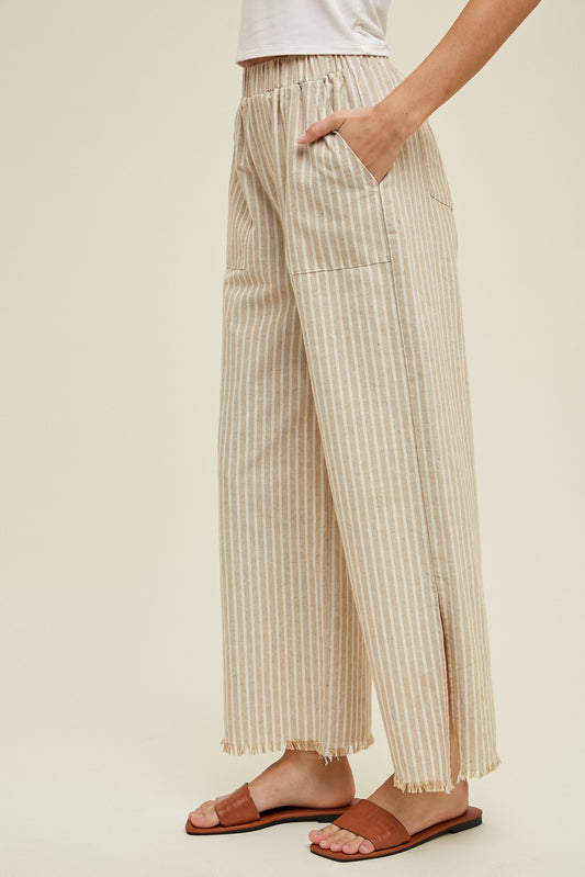 Taupe Striped Linen Pants w/ Pockets