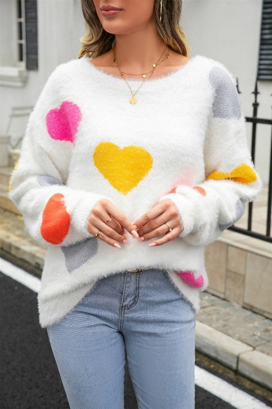 White Scoop Neck Sweater w/ Multicolor Hearts