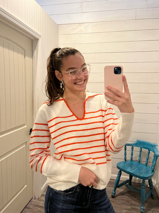 Ivory/Orange Polo Collar Striped Sweater