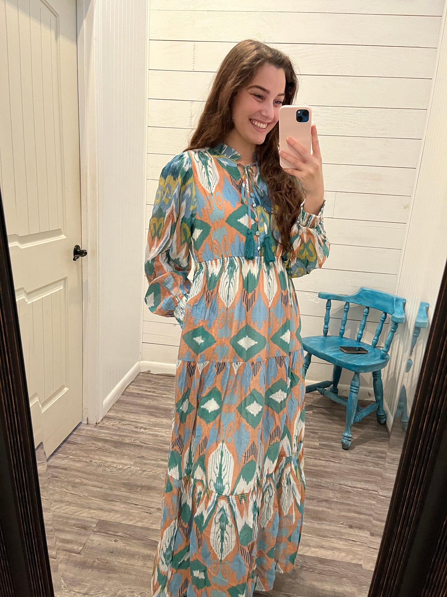 Green Multi Abstract Long Sleeve Maxi Dress