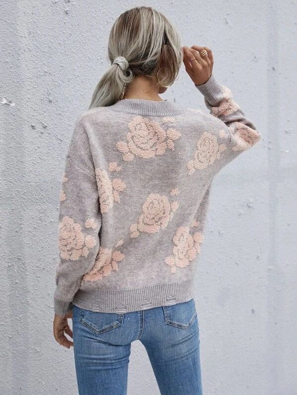 Grey V-Neck Cropped Sweater w/ Pink Roses