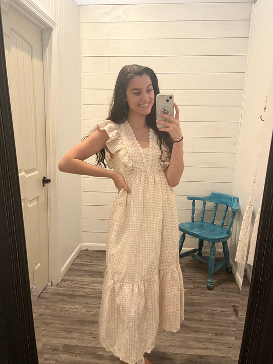 Butter Gingham Print Sleeveless Midi Dress w/ Floral Eyelet Embroidery
