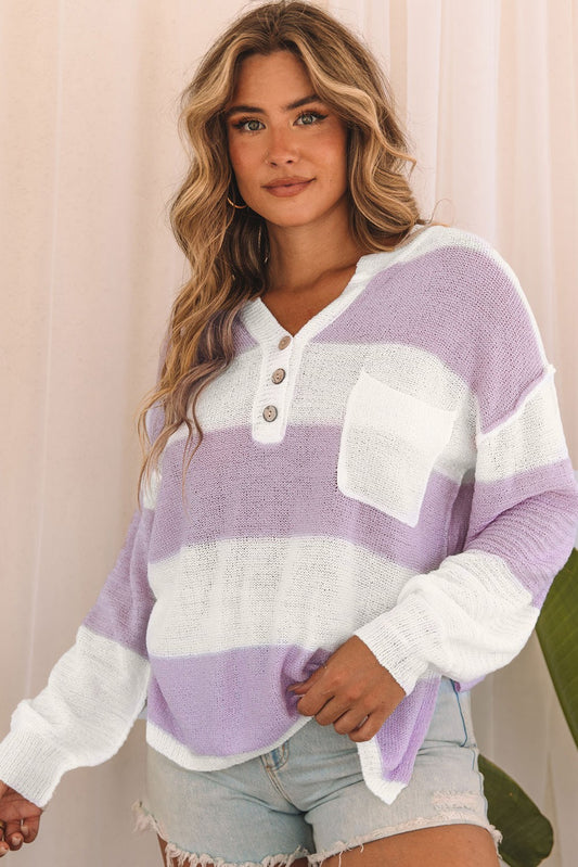 Purple Striped  Knit Button Up Sweater