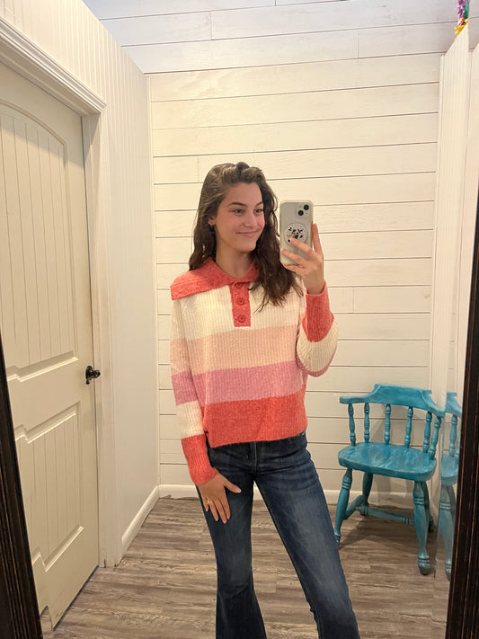 Pink Multi Striped Button Collar Sweater