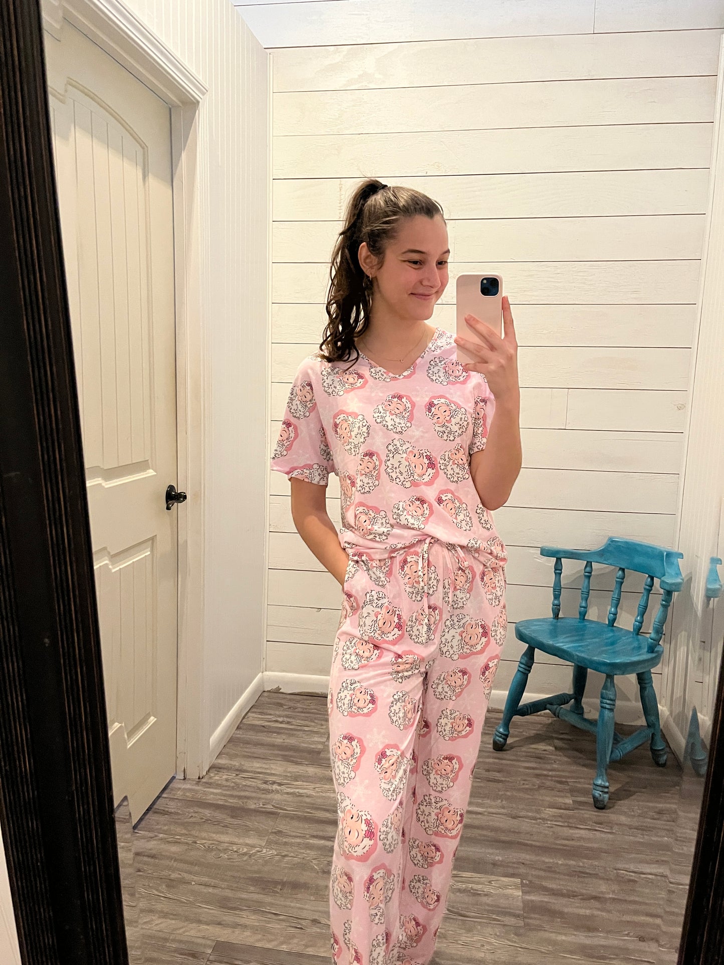 Pink Santa Printed V-Neck Top + Pants Pajama Set