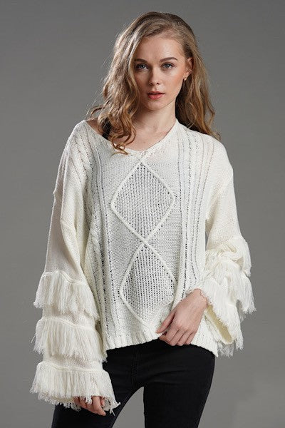White Fringe Sleeved Sweater