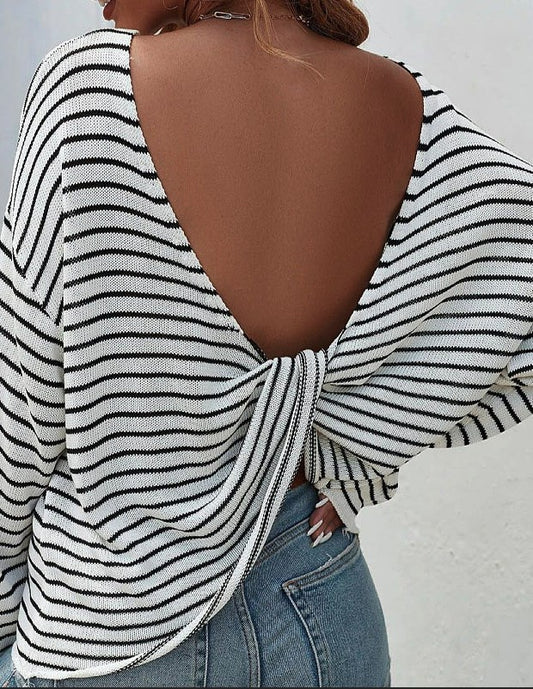 Black + White Striped Twisted Back Sweater