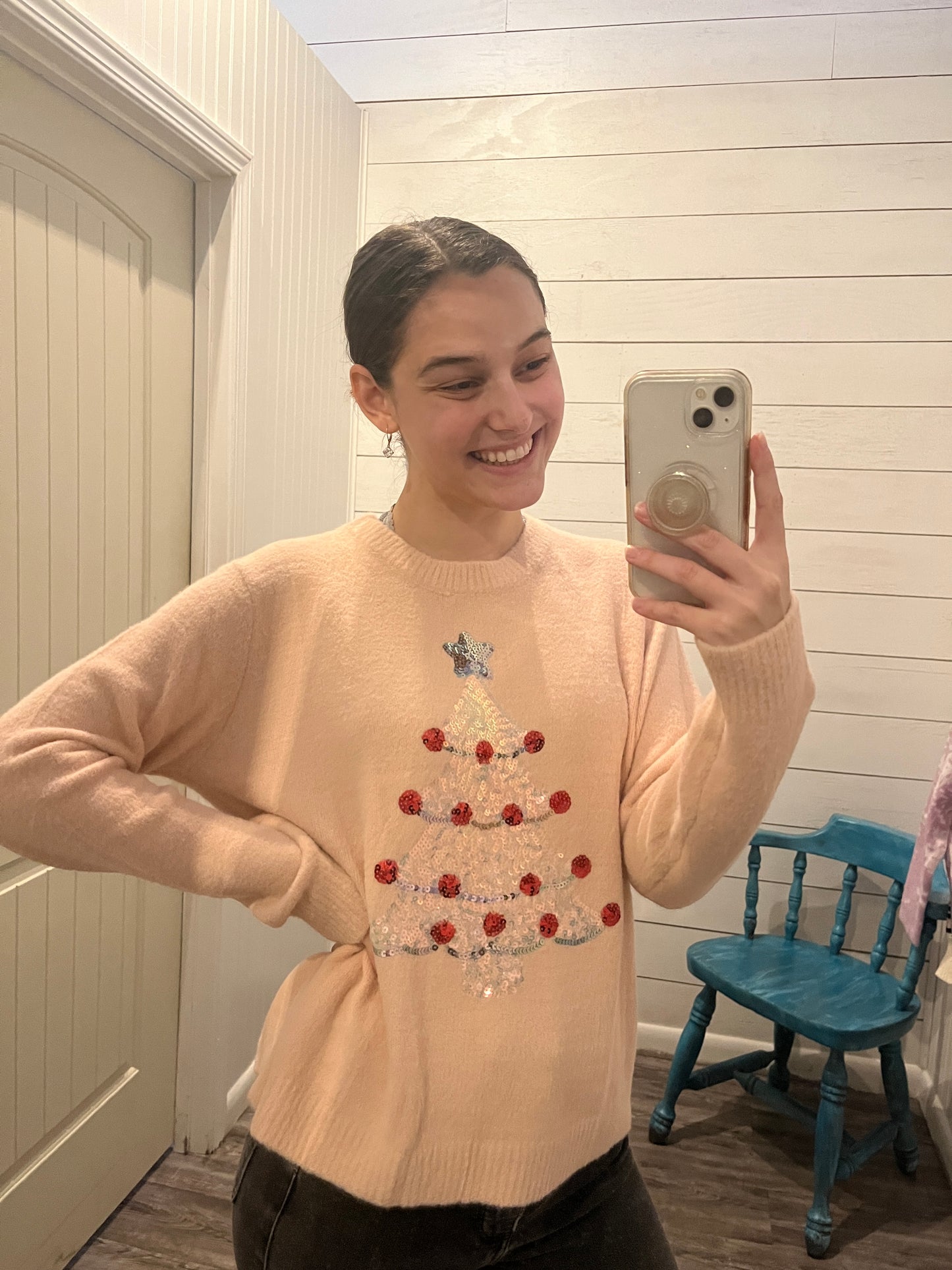 Pink Christmas Tree Sequined Sweater