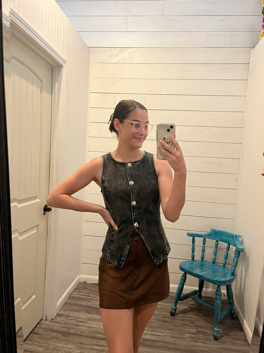 Black Denim Round Neck Button Up Vest Top