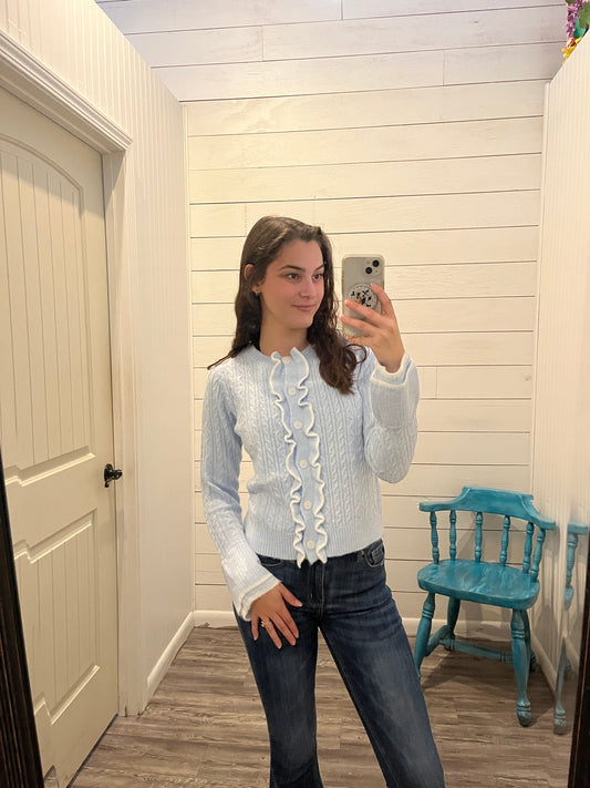 Periwinkle Ruffled Button Down Sweater w/ Flared Cuffs