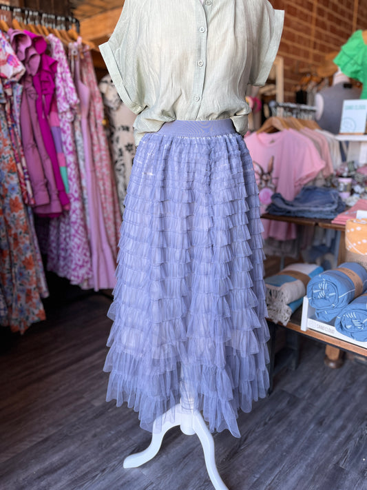 Blue Tulle Tiered Midi Skirt