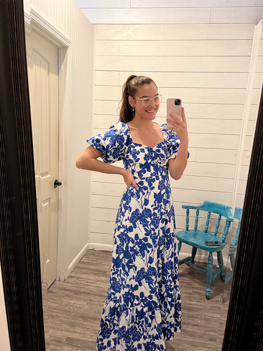 Royal Floral Sweetheart Maxi Dress w/ Back Cutout