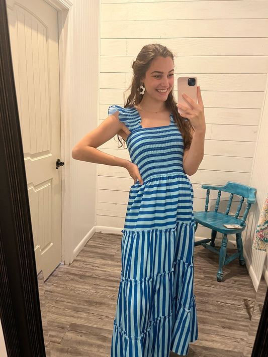 Blue Striped Sleeveless Smocked Maxi Dress