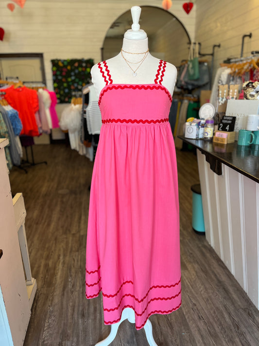 Pink Sleeveless Midi Dress w/ Red RicRac Accents & Pockets