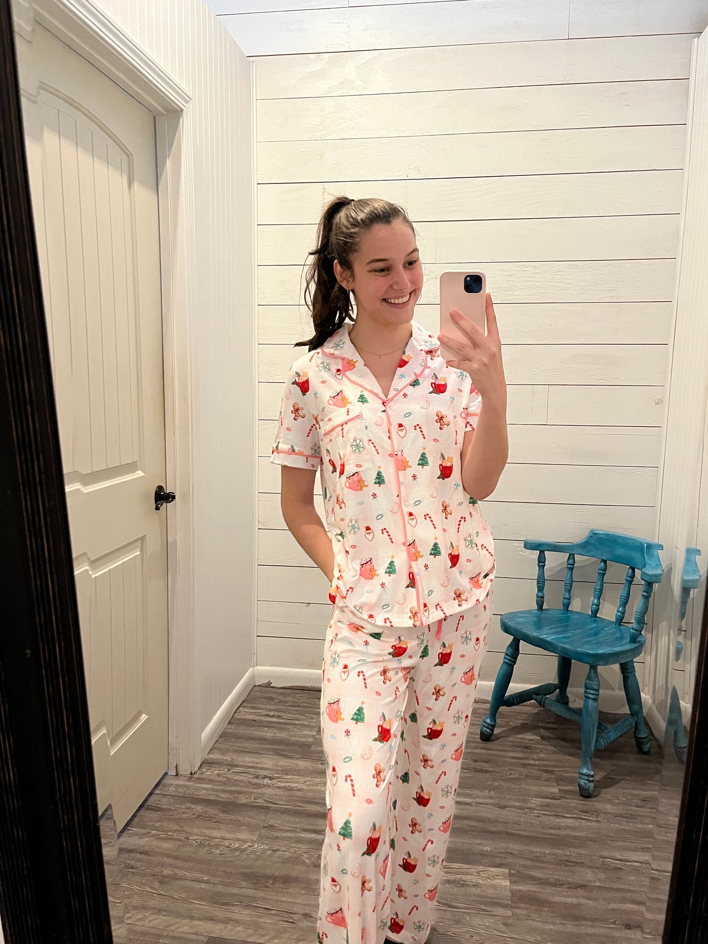 Festive Printed Button Up Christmas Pajama Top + Pants Set