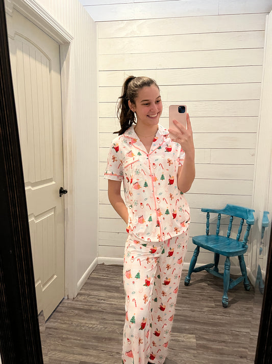 Festive Printed Button Up Christmas Pajama Top + Pants Set