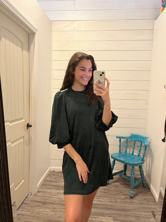 Hunter Green 3/4 Sleeve Lantern Sleeve Mini Dress