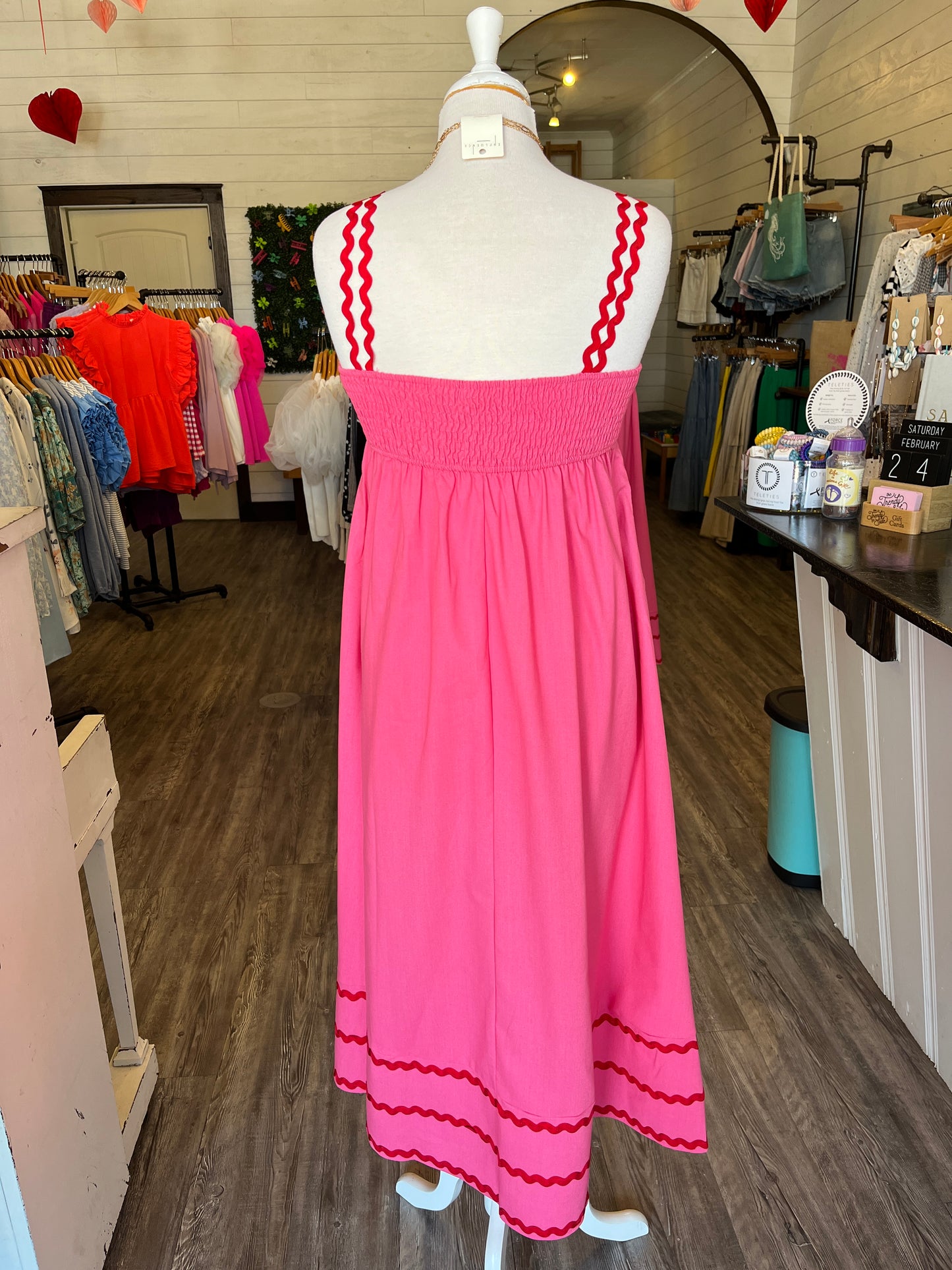 Pink Sleeveless Midi Dress w/ Red RicRac Accents & Pockets