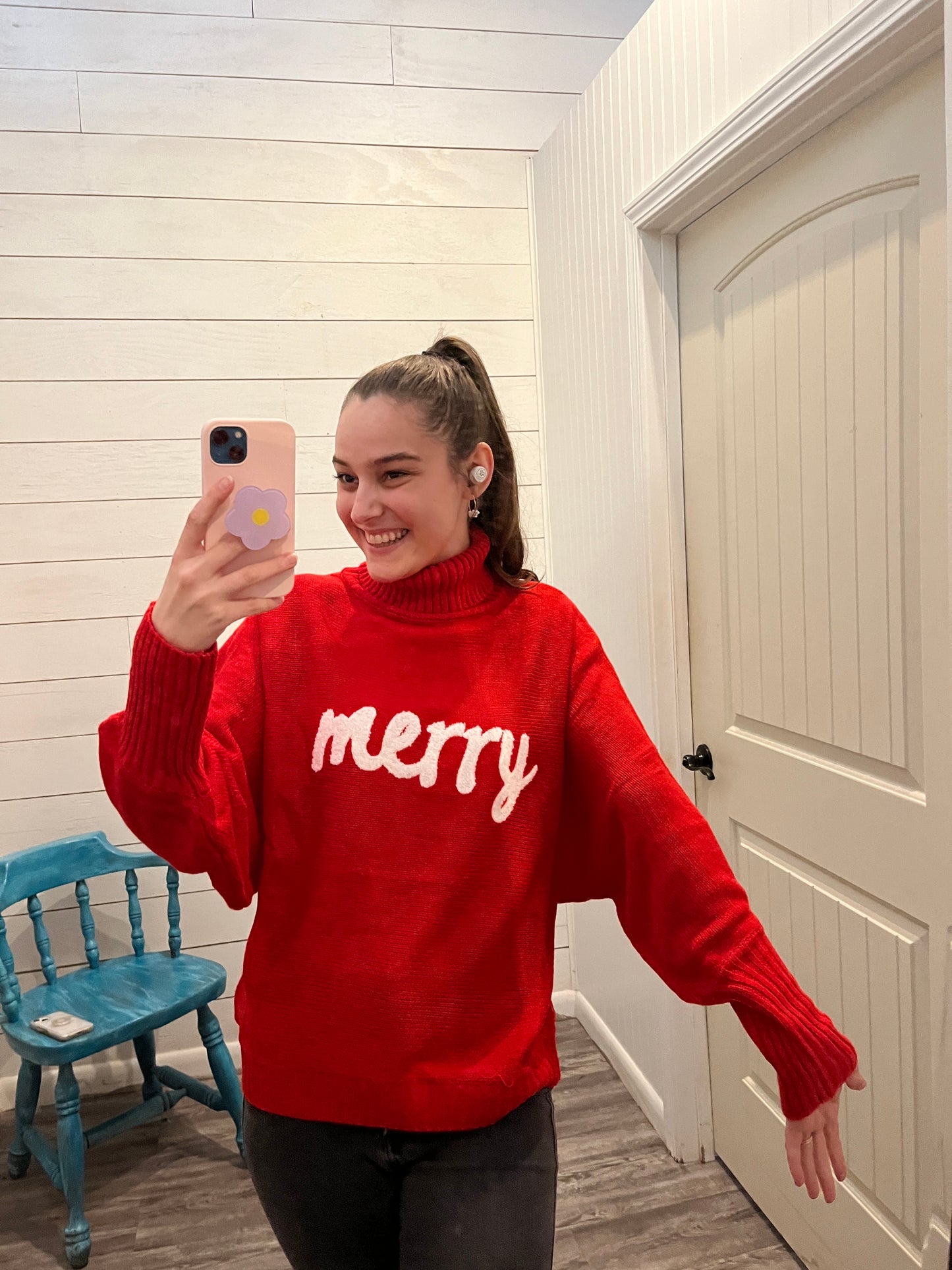 "Merry" Embroidered Turtleneck Sweater