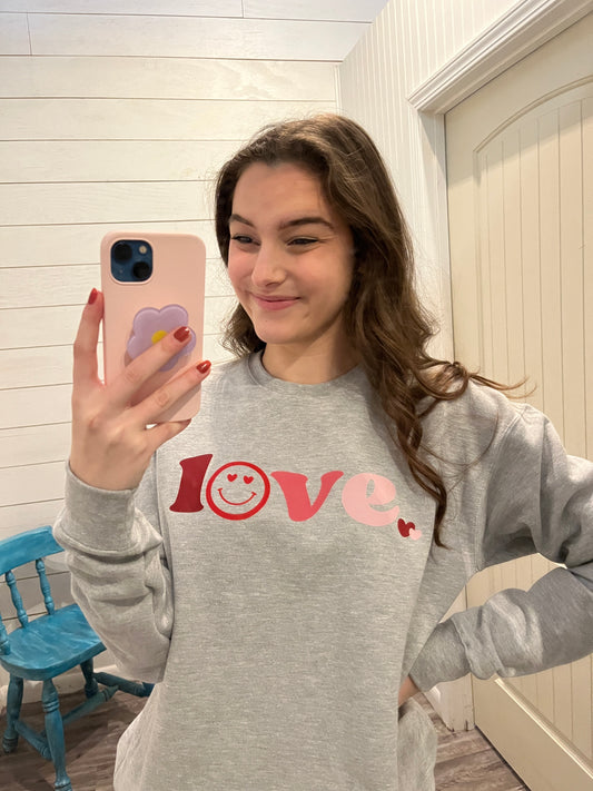 Heather Grey 'LOVE' Heart Eyes Smiley Sweatshirt
