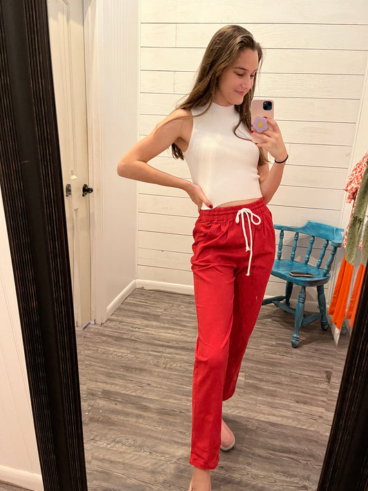 Red High Waisted Drawstring Pants w/ Pockets