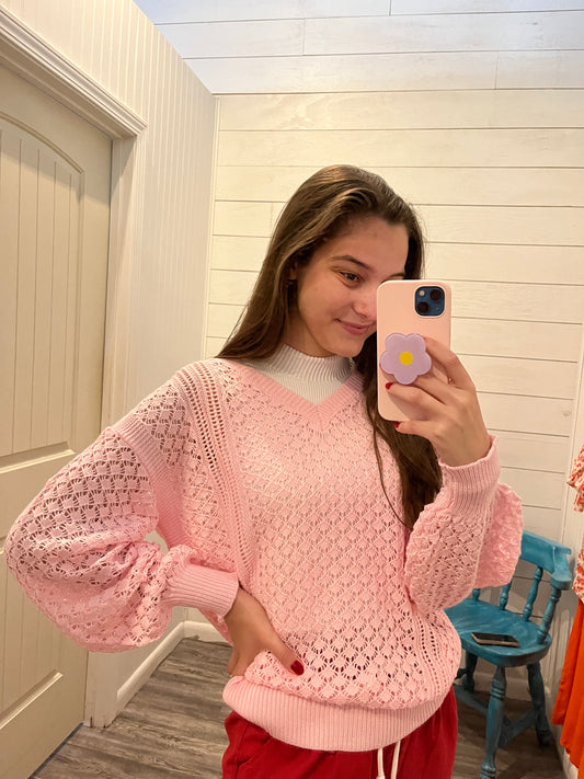 Baby Pink Loose Knit Bell Sleeve Sweater