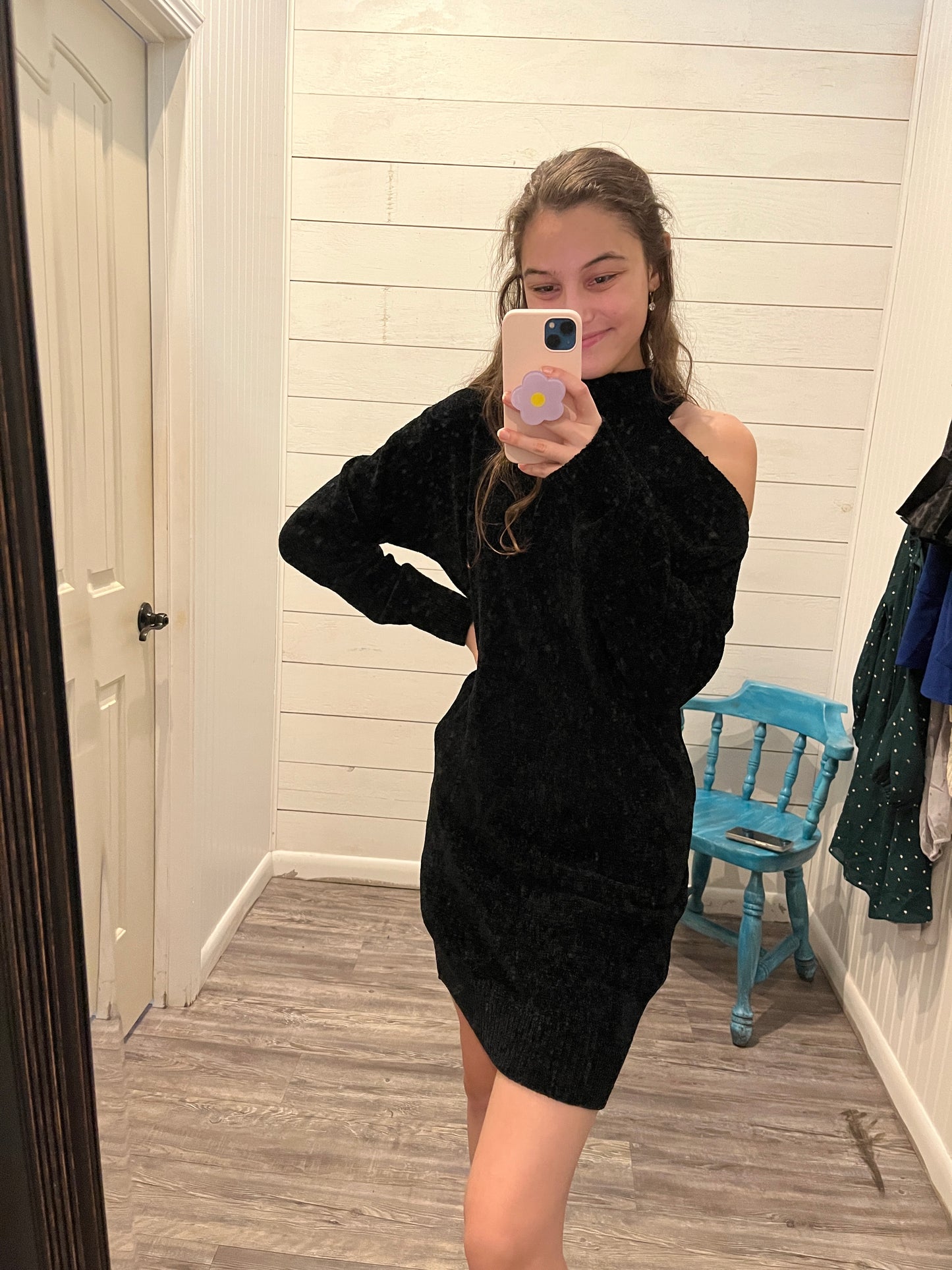 Black Cold Shoulder Turtleneck Sweater Mini Dress