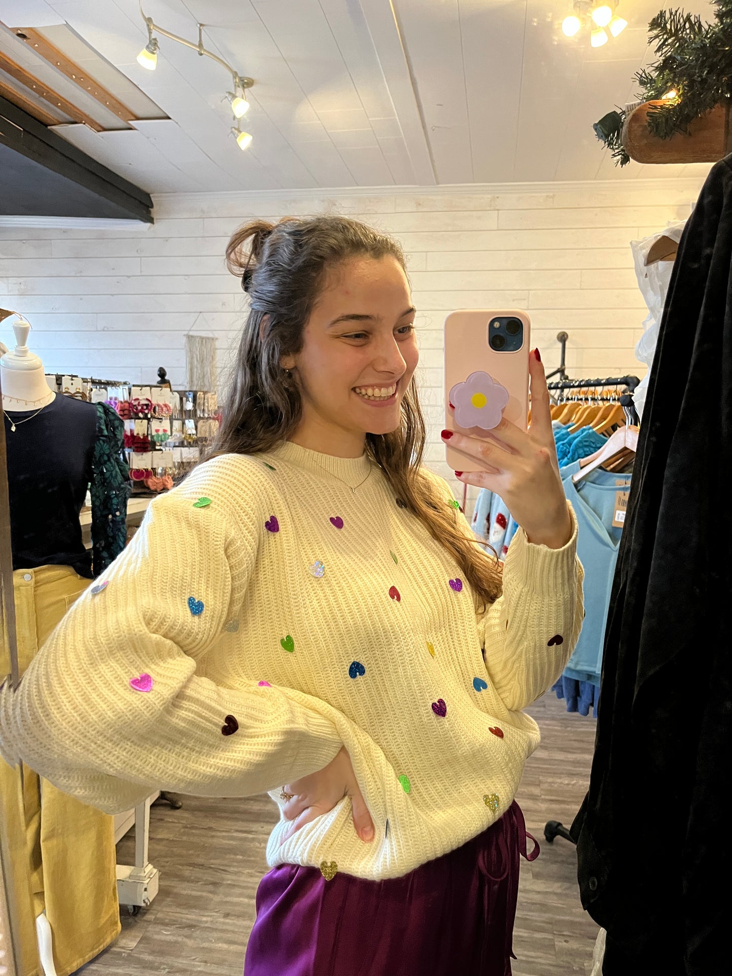 Cream Knit Sweater w/ Multicolor Heart Confetti