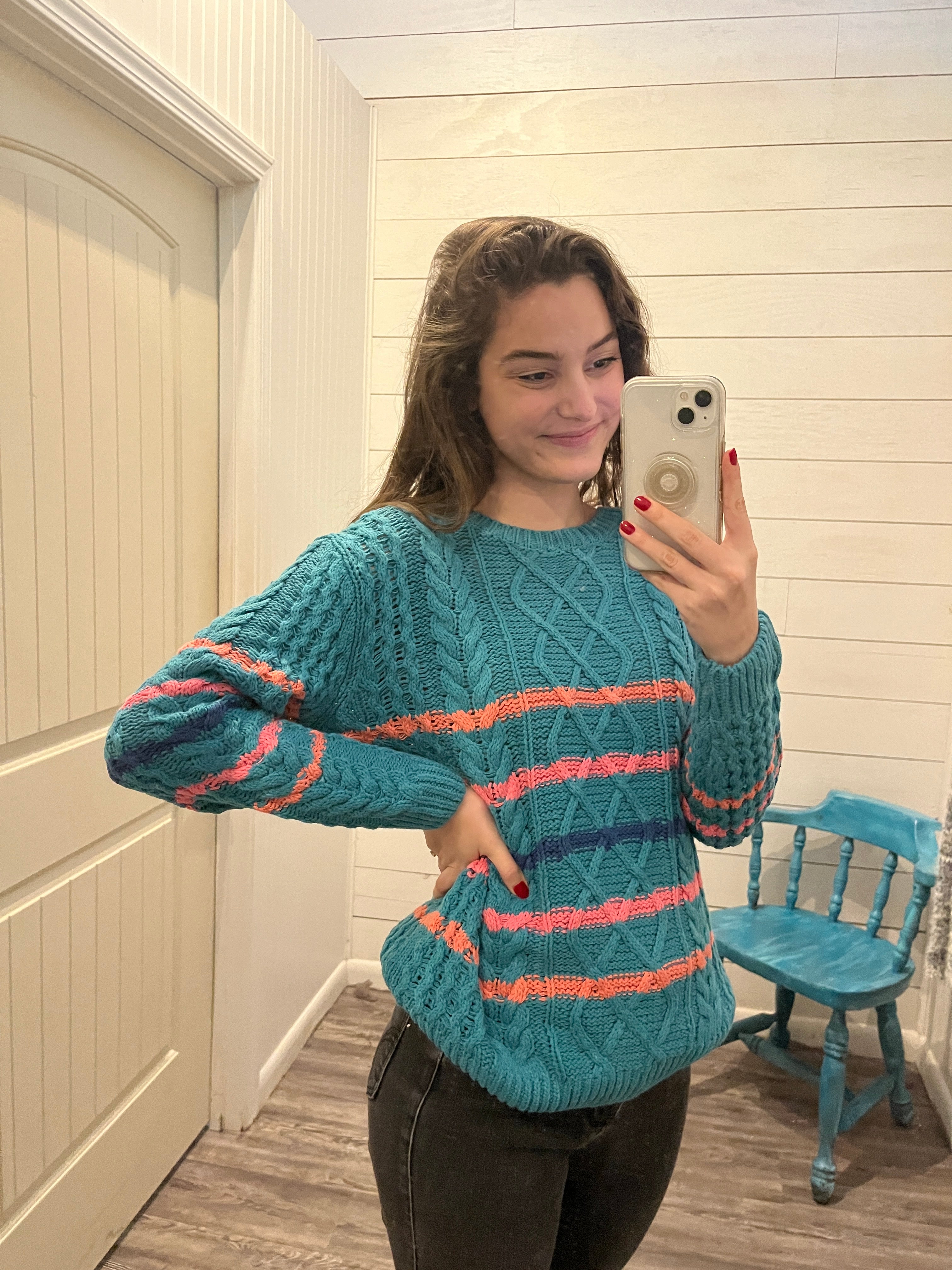 Turquoise cable knit sweater sale