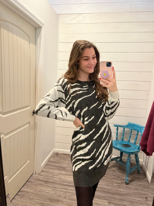 Charcoal Zebra Print Sweater Mini Dress