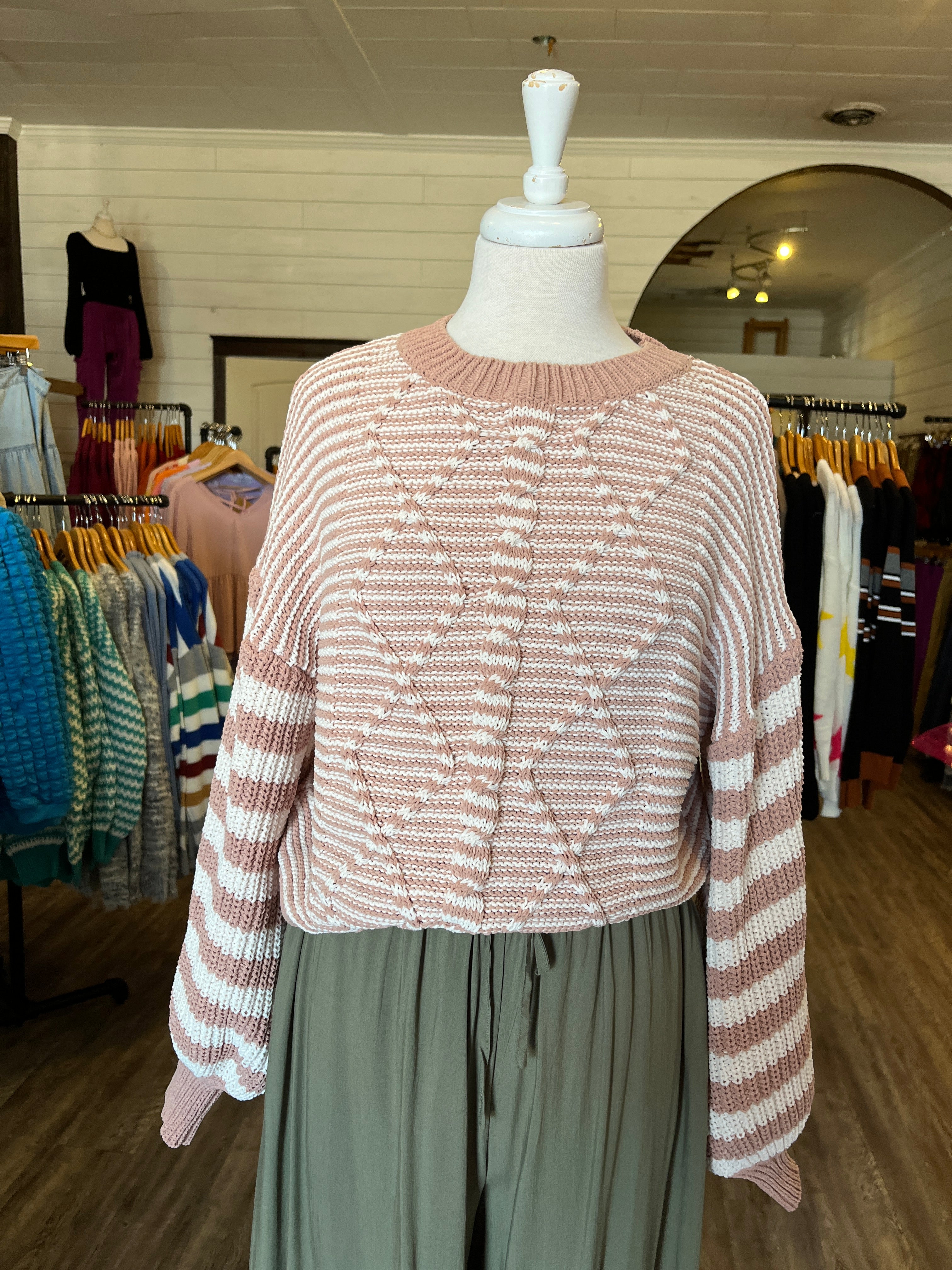 Light sale pink and white striped cable knit sweater