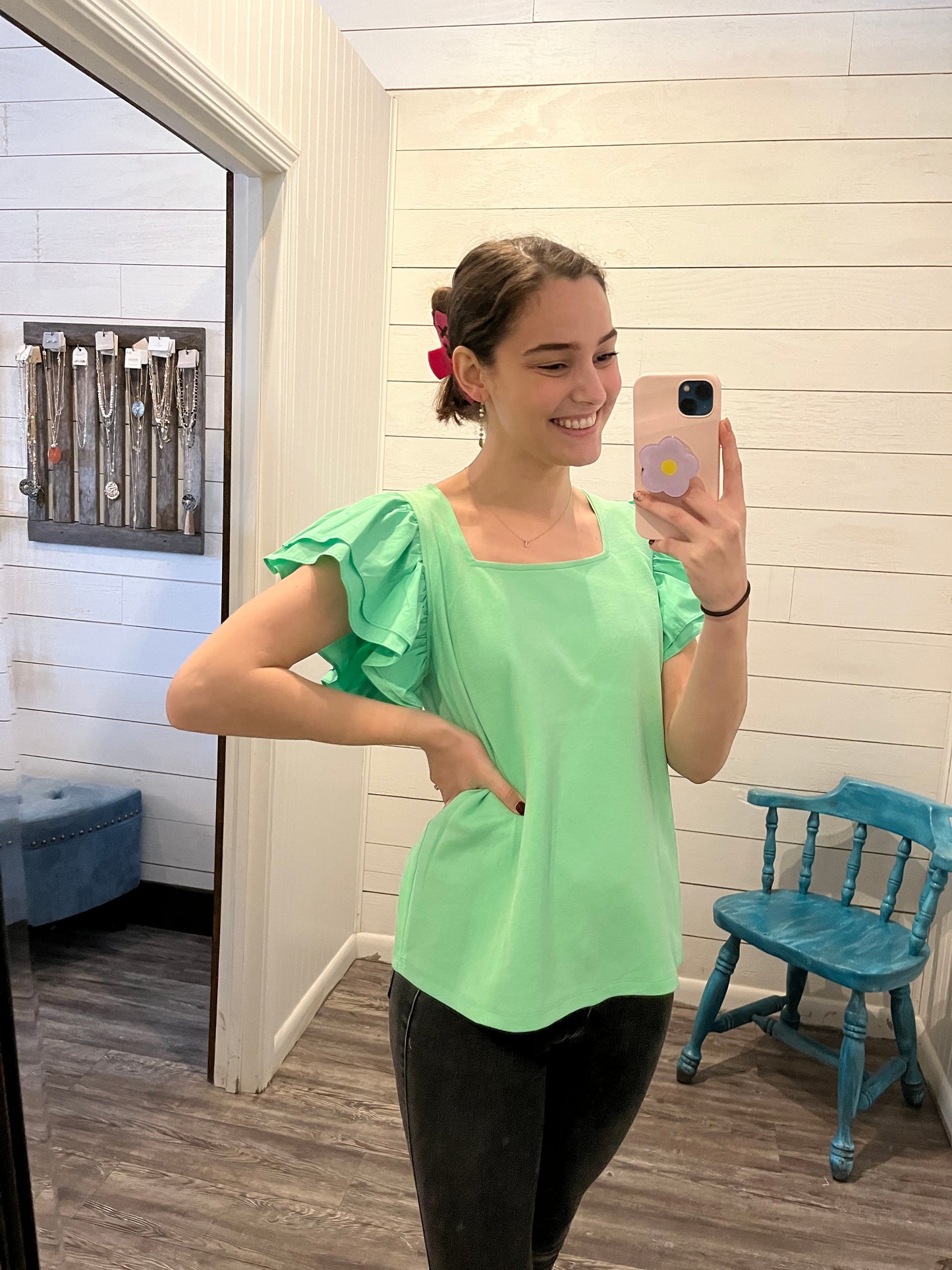 Mint Square Neck Ruffle Sleeve Top