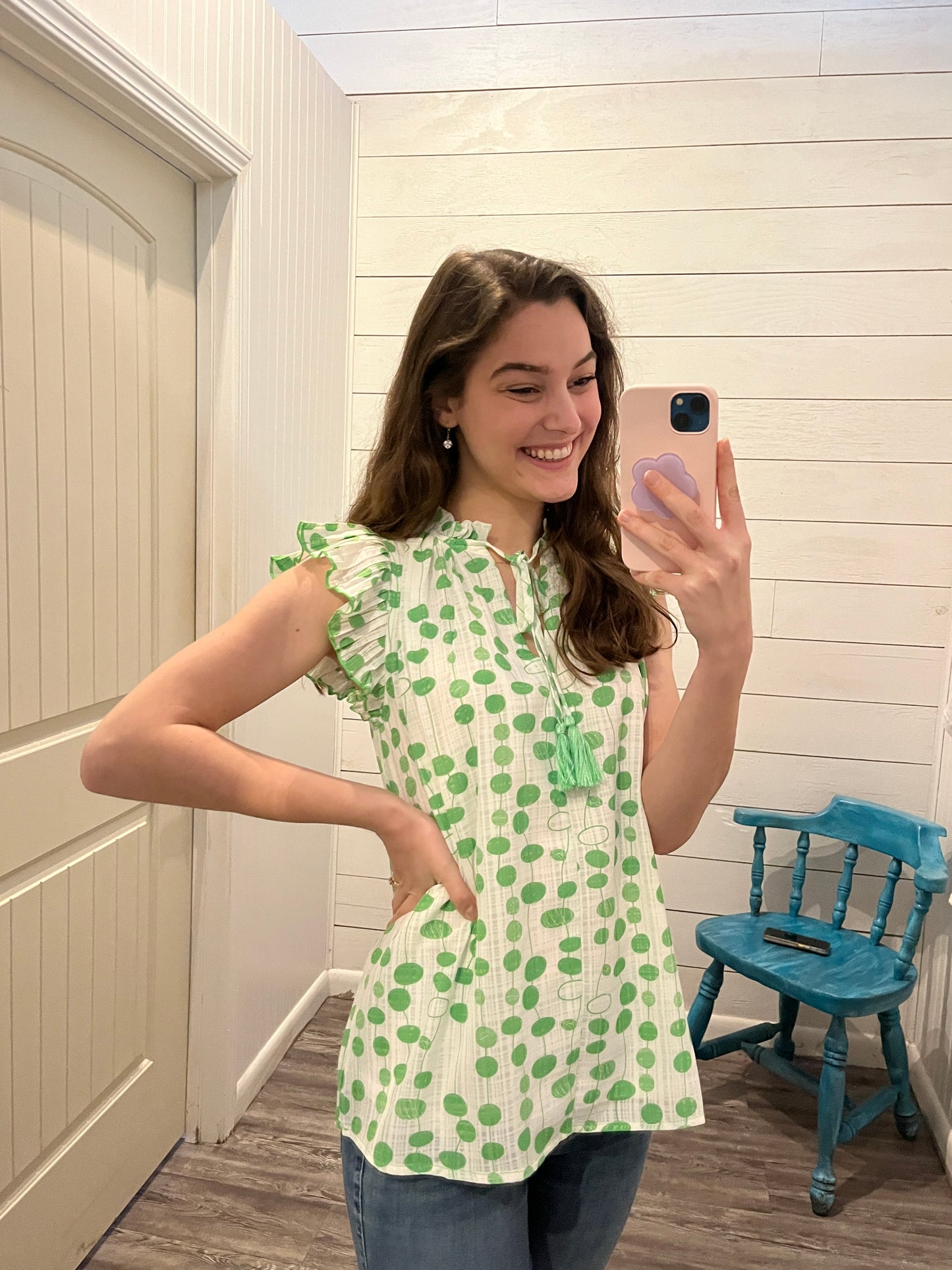 Green Patterned Babydoll Tied Blouse