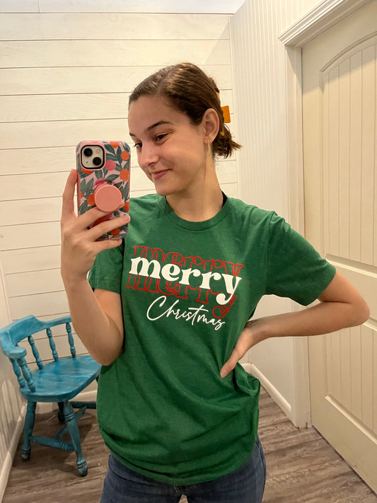 Heather Grass Green Festive 'Merry Christmas' Trendy Winter Tee