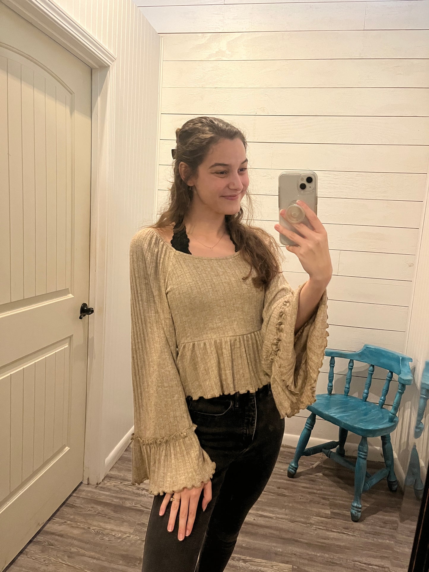 Taupe Ribbed, Cropped Long Sleeve Top